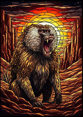 Baboon Roaring Stained Glass