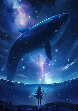 Whale Girl Starry Sky