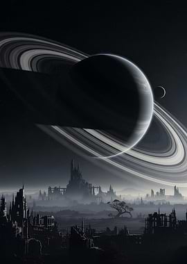 Saturn over ruined city landscape