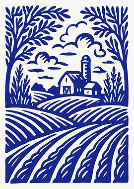 Blue Farm Landscape Illustration