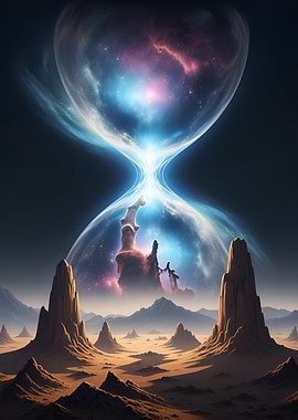 Hourglass with Nebula and Desert Landscape
