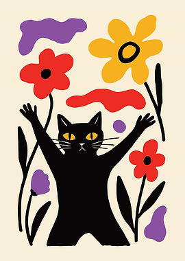 Black Cat in Floral Abstract Poster