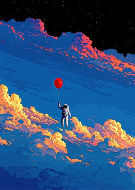 Astronaut with Balloon in Cloudy Sky