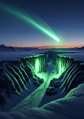 Green Comet over Snowy Canyon Landscape