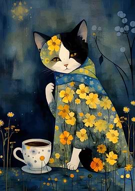 Floral Cat with Coffee Cup