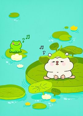 Cartoon Hamster Frog Lilypads