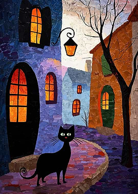 Black Cat in Alleyway Painting