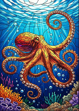 Stained Glass Octopus Underwater Scene