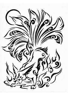 Nine-Tailed Fox Black and White Art
