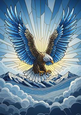 Stained Glass Eagle Over Mountains