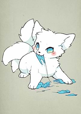 Cute White Fox with Blue Ribbon