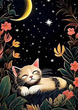 Sleeping Cat Under Moonlit Sky