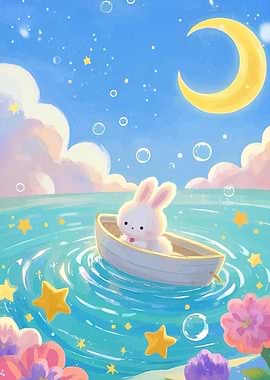Bunny Boat Under Moon