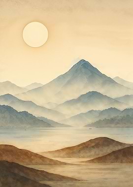 Watercolor Mountain Landscape with Lake