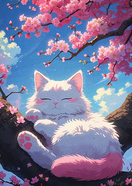 Cat Nap Under Cherry Blossoms