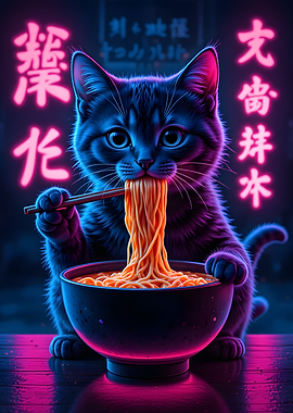 Cyber Ramen Cat Neon Japanese Street Art Poster