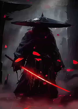 Samurai with Red Sword in Dark Setting