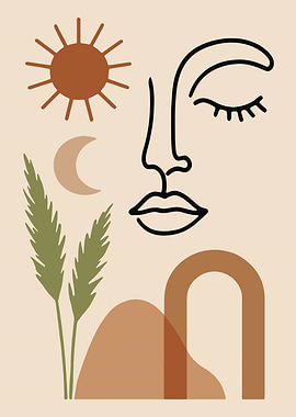 Minimalist Face with Sun and Moon