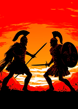 Spartan Warriors Duel Silhouette Art