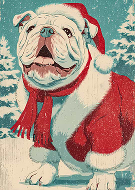 Christmas Bulldog in Winter Landscape