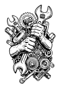 Hands Holding Wrenches and Mechanical Parts