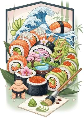 Sushi Art Composition with Dragon