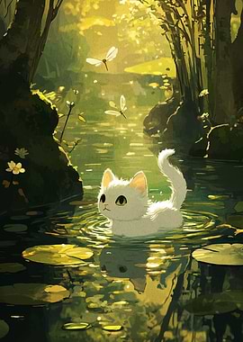 White Kitten in Pond with Dragonflies