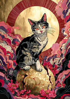 Cat on Golden Orb with Flowers