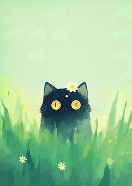 Black Cat in Grass with Flowers