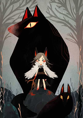 Girl with Wolves in Forest Illustration