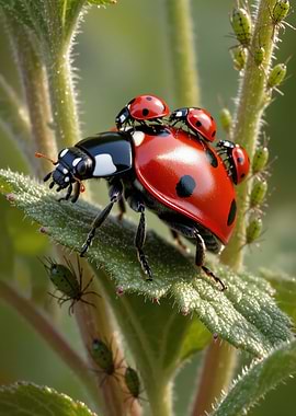 Ladybug with Babies on a Leaf