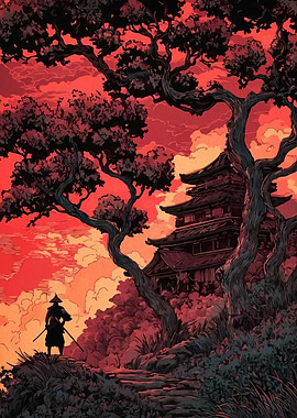 Samurai and Temple at Sunset