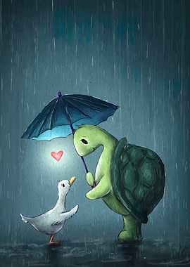 Turtle and Duck in the Rain