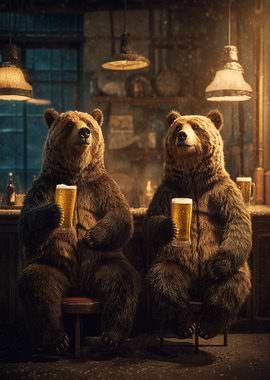 Bears Drinking Beer at the Bar
