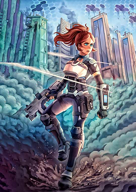 Futuristic Warrior in Ruined Cityscape