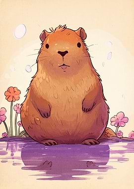 Cartoon Capybara with Flowers and Water