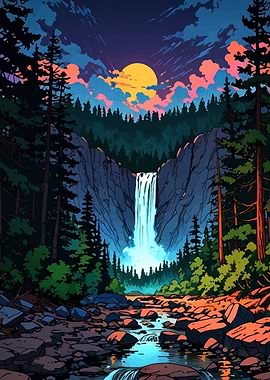 Waterfall Landscape with Sunset