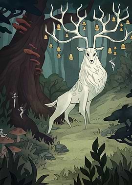 White Deer with Bells in Forest