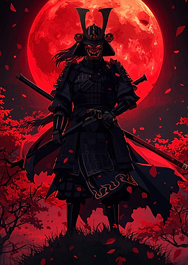 Samurai Warrior with Red Moon