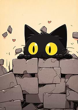 Cute Black Cat Behind Brick Wall