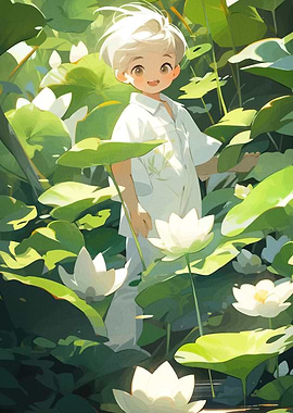 Boy in Lotus Garden