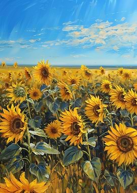 Sunflower Field Under Blue Sky Painting