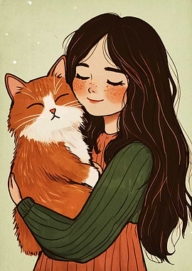Girl Hugging Orange Cat Illustration
