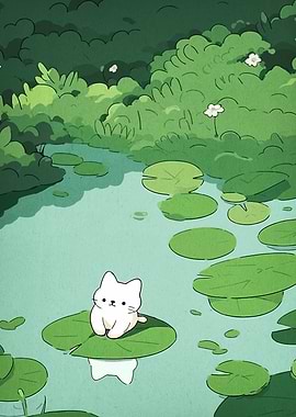 Cute Cat on Lily Pad