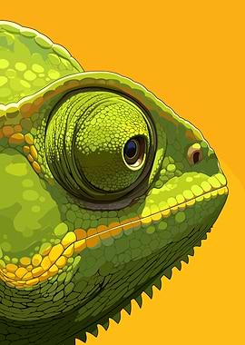 Green Chameleon Close-Up on Orange Background