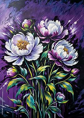Floral Painting with Purple and White Peonies