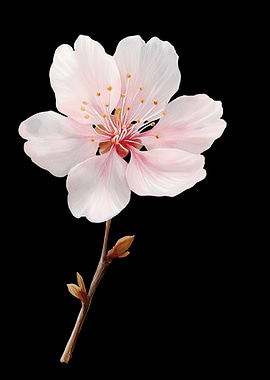 Single Cherry Blossom on Black Background