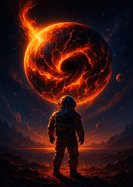 Astronaut Staring at Fiery Planet