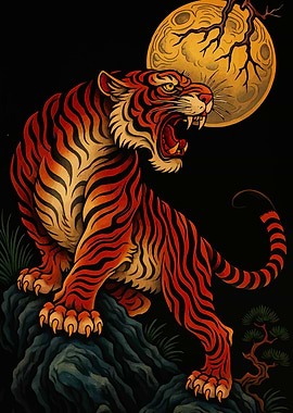 Roaring Tiger with Moon