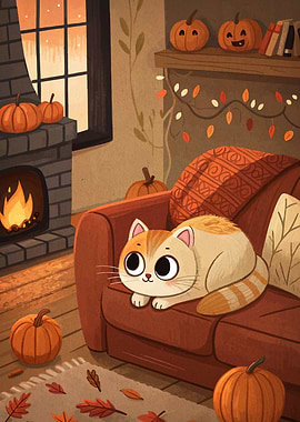 Cozy Autumn Cat Illustration